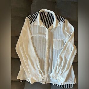 White and Black Striped Button-Up Blouse